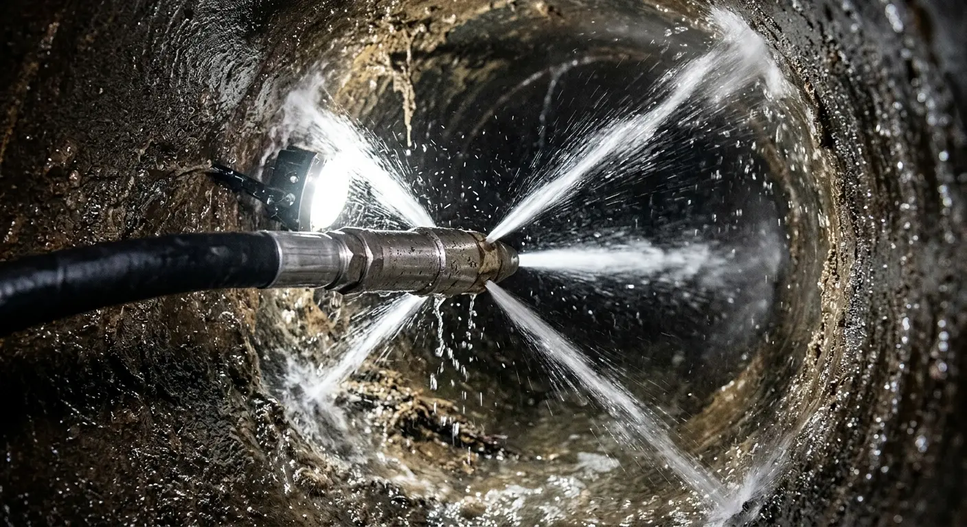 High-pressure hydro jetting nozzle cleaning sewer pipe for Trenchless Sewer Repair in Highlands Ranch