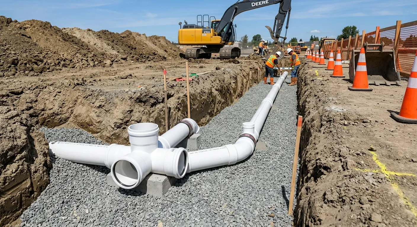 New PVC sewer pipe installation in open trench for Commercial Drain Cleaning in Highlands Ranch