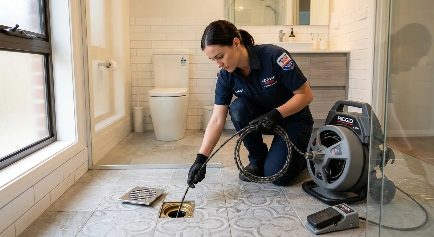Technician clearing a bathroom floor drain for Clogged Drain Repair in Highlands Ranch